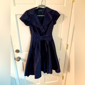 Rickie Freeman for Teri Jon Navy Silk Belted Shirt A-Line Rockabilly Dress 6